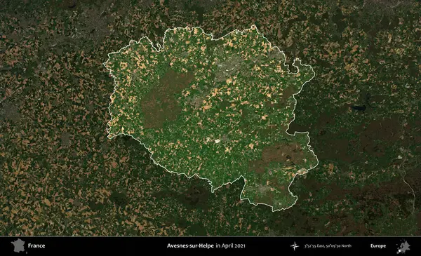 Avesnes-sur-Helpe. Fransa 'nın idari alanı, Nisan 2021' de çekilen Kopernik Sentinel karolarından oluşan koyu renkli bir uydu görüntüsü üzerinde vurgulandı ve özetlendi.