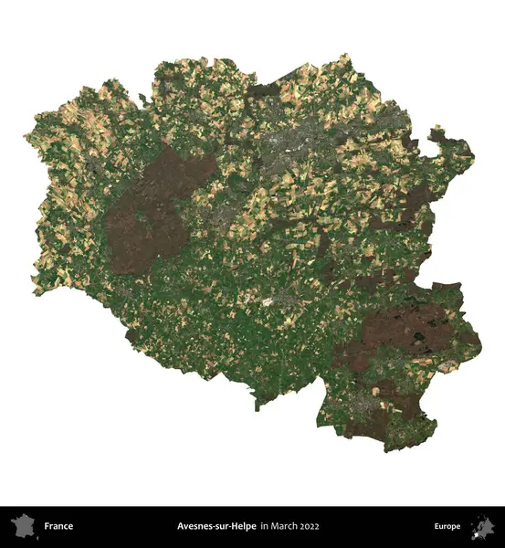 Avesnes-sur-Helpe. Fransa 'nın idari bölgesi, Mart 2022' de çekilen Kopernik Nöbetçi karolarından oluşan bir uydu görüntüsüyle beyaza izole edildi.