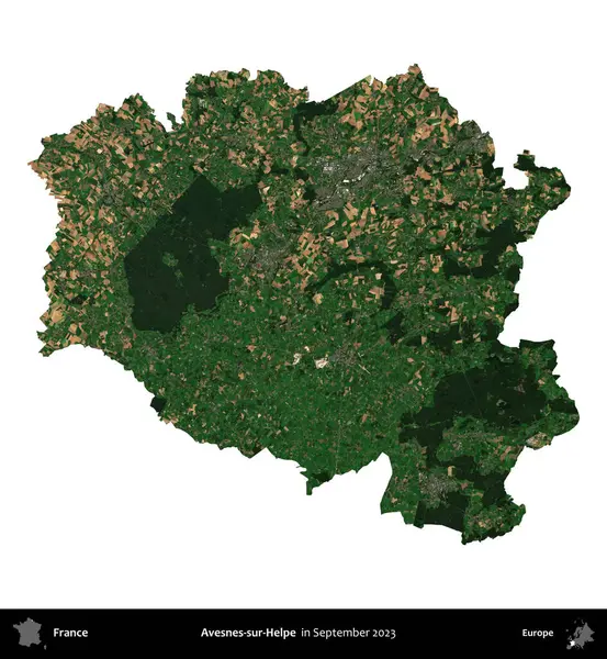 Avesnes-sur-Helpe. Fransa 'nın idari bölgesi, Eylül 2023' te çekilen Kopernik Nöbetçi karolarından oluşan bir uydu görüntüsü üzerinde beyaza izole edildi.