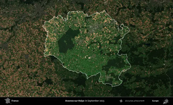 Avesnes-sur-Helpe. Fransa 'nın idari alanı, Eylül 2023' te çekilen Kopernik Nöbetçi karolarından oluşan koyu renkli bir uydu görüntüsü üzerinde vurgulandı ve özetlendi.