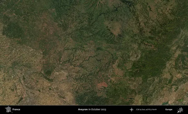 Aveyron. Copernicus Sentinel 'in Ekim 2023' te çekilmiş uydu görüntüsü üzerine Fransa 'nın idari bölgesi.