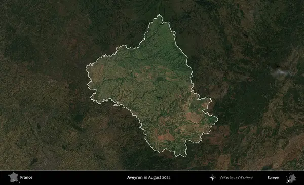 Aveyron. Fransa 'nın idari alanı, Ağustos 2024' te çekilen Kopernik Sentinel karolarından oluşan koyu renkli bir uydu görüntüsü üzerinde vurgulandı ve özetlendi.