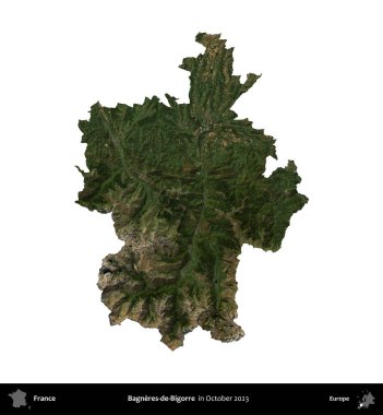 Bagneres-de-Bigorre. Fransa 'nın idari bölgesi, Ekim 2023' te çekilen Kopernik Nöbetçi karolarından oluşan bir uydu görüntüsüyle beyaza izole edildi.