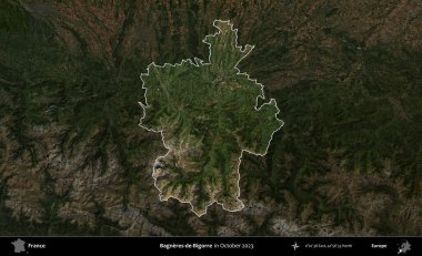 Bagneres-de-Bigorre. Fransa 'nın idari alanı, Ekim 2023' te çekilen Kopernik Nöbetçi karolarından oluşan koyu renkli bir uydu görüntüsü üzerinde vurgulandı ve özetlendi.