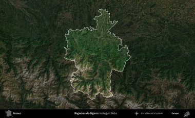 Bagneres-de-Bigorre. Fransa 'nın idari alanı, Ağustos 2024' te çekilen Kopernik Sentinel karolarından oluşan koyu renkli bir uydu görüntüsü üzerinde vurgulandı ve özetlendi.