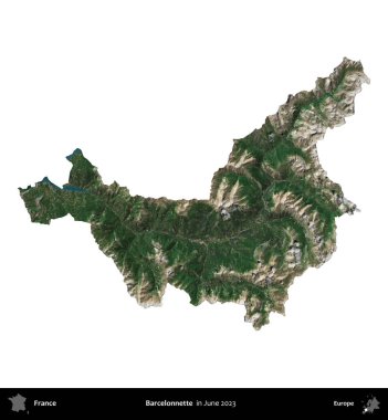 Barcelonnette. Fransa 'nın idari bölgesi, Haziran 2023' te çekilen Kopernik Nöbetçi karolarından oluşan bir uydu görüntüsüyle beyaza izole edildi.