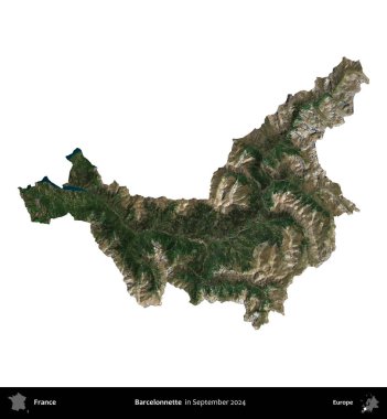 Barcelonnette. Fransa 'nın idari bölgesi, Eylül 2024' te çekilen Kopernik Nöbetçi karolarından oluşan uydu görüntüsüyle beyaza izole edildi.