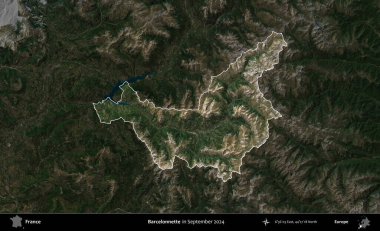 Barcelonnette. Fransa 'nın idari alanı, Eylül 2024' te çekilen Kopernik Nöbetçi karolarından oluşan koyu renkli bir uydu görüntüsü üzerinde vurgulandı ve özetlendi.