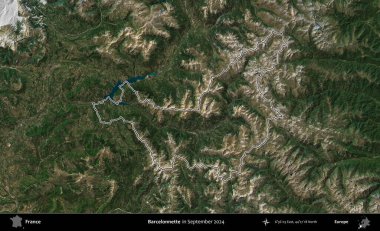 Barcelonnette. Eylül 2024 'te çekilen Copernicus Sentinel karolarından oluşan bir uydu görüntüsünde Fransa' nın idari bölgesinin ana hatlarını çizdim.