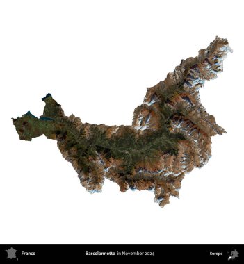 Barcelonnette. Fransa 'nın idari bölgesi, Kasım 2024' te çekilen Kopernik Nöbetçi karolarından oluşan uydu görüntüsüyle beyaza izole edildi.