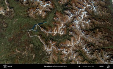 Barcelonnette. Copernicus Sentinel 'in Kasım 2024' te çekilen uydu görüntüsünde Fransa 'nın idari bölgesinin ana hatlarını çizdim.