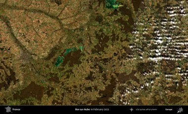 Bar-sur-Aube. Copernicus Sentinel 'in Şubat 2022' de çekilmiş uydu görüntüsü üzerine Fransa 'nın idari bölgesi.