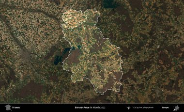 Bar-sur-Aube. Fransa 'nın idari alanı, Mart 2022' de çekilen Kopernik Sentinel karolarından oluşan koyu renkli bir uydu görüntüsü üzerinde vurgulandı ve özetlendi.