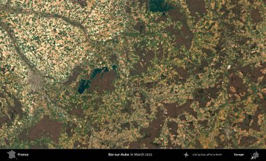 Bar-sur-Aube. Copernicus Sentinel 'in Mart 2022' de çekilmiş uydu görüntüsü üzerine Fransa 'nın idari bölgesi.