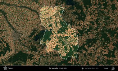 Bar-sur-Aube. Fransa 'nın idari alanı, Temmuz 2022' de çekilen Kopernik Nöbetçi karolarından oluşan koyu renkli bir uydu görüntüsüyle vurgulandı ve özetlendi.