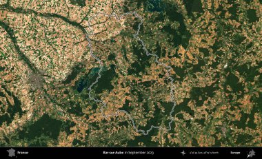 Bar-sur-Aube. Eylül 2023 'te çekilen Copernicus Sentinel karolarından oluşan bir uydu görüntüsünde Fransa' nın idari bölgesinin ana hatlarını çizdim.
