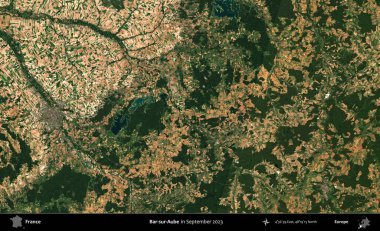 Bar-sur-Aube. Copernicus Sentinel 'in Eylül 2023' te çekilmiş uydu görüntüsü üzerine Fransa 'nın idari bölgesi.
