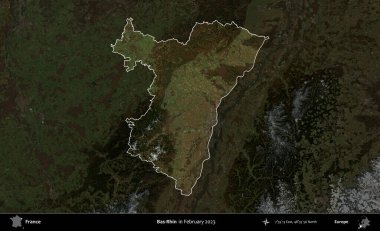 Bas-Rhin. Fransa 'nın idari alanı, Şubat 2023' te çekilen Kopernik Nöbetçi karolarından oluşan koyu renkli bir uydu görüntüsü üzerinde vurgulandı ve özetlendi.