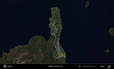 Bastia. Fransa 'nın idari alanı, Mart 2022' de çekilen Kopernik Sentinel karolarından oluşan koyu renkli bir uydu görüntüsü üzerinde vurgulandı ve özetlendi.
