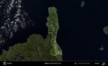 Bastia. Fransa 'nın idari alanı, Kopernik Sentinel' in Kasım 2024 'te çekilmiş karanlık bir uydu görüntüsüyle vurgulandı ve özetlendi.