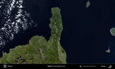 Bastia. Copernicus Sentinel 'in Kasım 2024' te çekilmiş uydu görüntüsü üzerine Fransa 'nın idari bölgesi.