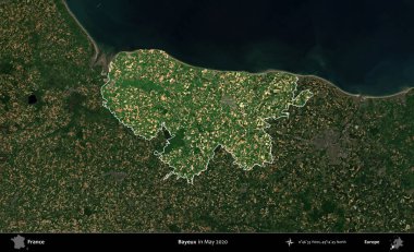 Bayeux. Fransa 'nın idari alanı, Mayıs 2020' de çekilen Kopernik Nöbetçi karolarından oluşan koyu renkli bir uydu görüntüsü üzerinde vurgulandı ve özetlendi.