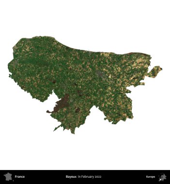 Bayeux. Fransa 'nın idari bölgesi, Şubat 2022' de çekilen Kopernik Nöbetçi karolarından oluşan bir uydu görüntüsüyle beyaza izole edildi.