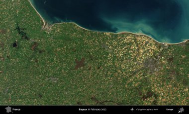 Bayeux. Copernicus Sentinel 'in Şubat 2022' de çekilmiş uydu görüntüsü üzerine Fransa 'nın idari bölgesi.