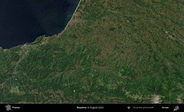 Bayonne. Copernicus Sentinel 'in Ağustos 2020' de çekilmiş uydu görüntüsü üzerine Fransa 'nın idari bölgesi.