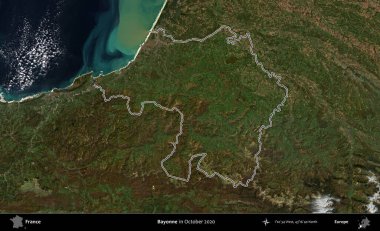Bayonne. Ekim 2020 'de çekilen Kopernik Nöbetçi karolarından oluşan bir uydu görüntüsünde Fransa' nın idari bölgesinin ana hatlarını çizdim.