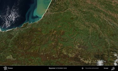 Bayonne. Copernicus Sentinel 'in Ekim 2020' de çekilmiş uydu görüntüsü üzerine Fransa 'nın idari bölgesi.