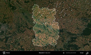 Beauvais. Fransa 'nın idari alanı, Temmuz 2021' de çekilen Kopernik Nöbetçi karolarından oluşan koyu renkli bir uydu görüntüsüyle vurgulandı ve özetlendi.