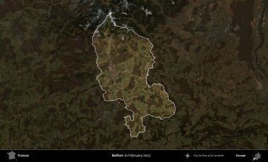 Belfort. Fransa 'nın idari alanı, Şubat 2022' de çekilen Kopernik Sentinel karolarından oluşan koyu renkli bir uydu görüntüsü üzerinde vurgulandı ve özetlendi.