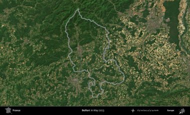 Belfort. Mayıs 2023 'te çekilen Copernicus Sentinel karolarından oluşan bir uydu görüntüsünde Fransa' nın idari bölgesinin ana hatları belirlendi.