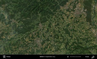 Belfort. Copernicus Sentinel 'in Eylül 2023' te çekilmiş uydu görüntüsü üzerine Fransa 'nın idari bölgesi.