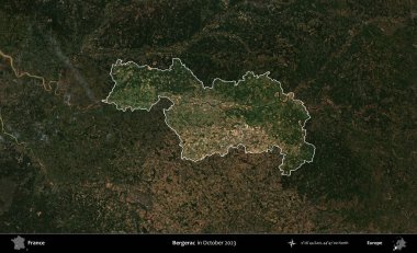 Bergerac. Fransa 'nın idari alanı, Ekim 2023' te çekilen Kopernik Nöbetçi karolarından oluşan koyu renkli bir uydu görüntüsü üzerinde vurgulandı ve özetlendi.