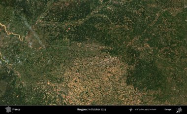 Bergerac. Copernicus Sentinel 'in Ekim 2023' te çekilmiş uydu görüntüsü üzerine Fransa 'nın idari bölgesi.