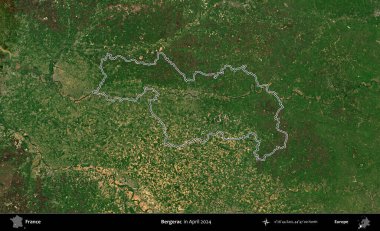 Bergerac. Nisan 2024 'te çekilen Copernicus Sentinel karolarından oluşan bir uydu görüntüsünde Fransa' nın idari bölgesinin ana hatlarını çizdim.
