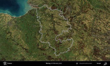 Bernay. Copernicus Sentinel 'in Şubat 2022' de çekilen uydu görüntüsünde Fransa 'nın idari bölgesinin ana hatları belirlendi.