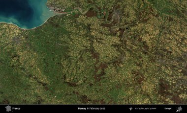 Bernay. Copernicus Sentinel 'in Şubat 2022' de çekilmiş uydu görüntüsü üzerine Fransa 'nın idari bölgesi.