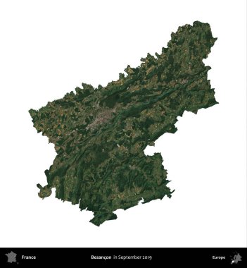 Besancon. Fransa 'nın idari bölgesi, Eylül 2019' da çekilen Kopernik Nöbetçi karolarından oluşan uydu görüntüsüyle beyaza izole edildi.