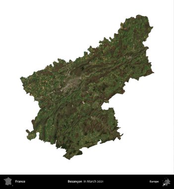 Besancon. Fransa 'nın idari bölgesi, Mart 2021' de çekilen Kopernik Nöbetçi karolarından oluşan bir uydu görüntüsüyle beyaza izole edildi.