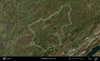 Besancon. Mart 2021 'de çekilen Copernicus Sentinel karolarından oluşan bir uydu görüntüsünde Fransa' nın idari bölgesinin ana hatları belirlendi.