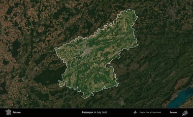 Besancon. Fransa 'nın idari alanı, Temmuz 2022' de çekilen Kopernik Nöbetçi karolarından oluşan koyu renkli bir uydu görüntüsüyle vurgulandı ve özetlendi.