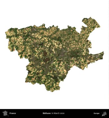 Bethune. Fransa 'nın idari bölgesi, Mart 2020' de çekilen Kopernik Nöbetçi karolarından oluşan bir uydu görüntüsüyle beyaza izole edildi.