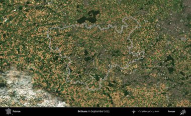 Bethune. Eylül 2023 'te çekilen Copernicus Sentinel karolarından oluşan bir uydu görüntüsünde Fransa' nın idari bölgesinin ana hatlarını çizdim.
