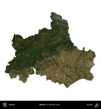 Beziers. Fransa 'nın idari bölgesi, Ekim 2022' de çekilen Kopernik Nöbetçi karolarından oluşan bir uydu görüntüsüyle beyaza izole edildi.