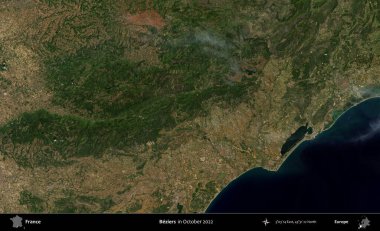 Beziers. Copernicus Sentinel 'in Ekim 2022' de çekilmiş uydu görüntüsü üzerine Fransa 'nın idari bölgesi.