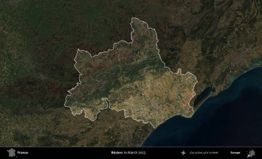 Beziers. Fransa 'nın idari alanı, Mart 2023' te çekilen Kopernik Nöbetçi karolarından oluşan koyu renkli bir uydu görüntüsü üzerinde vurgulandı ve özetlendi.