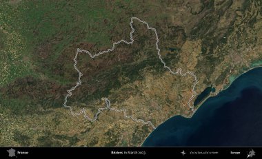 Beziers. Mart 2023 'te çekilen Copernicus Sentinel karolarından oluşan bir uydu görüntüsünde Fransa' nın idari bölgesinin ana hatları belirlendi.